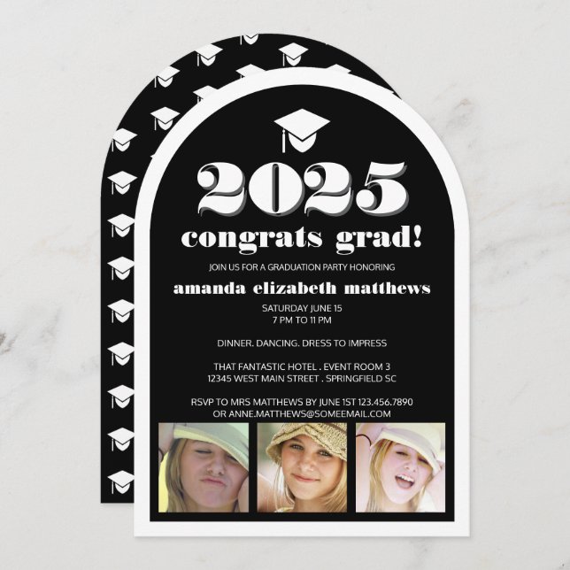 Invitation Grad 2025 Black Stylish 3 Photo Graduation Party (Devant / Derrière)