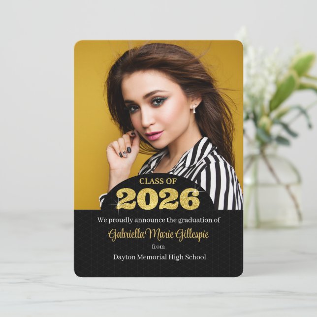 Invitation Grad 2025 Gold Bling Black Photo Grad Faux (Debout devant)