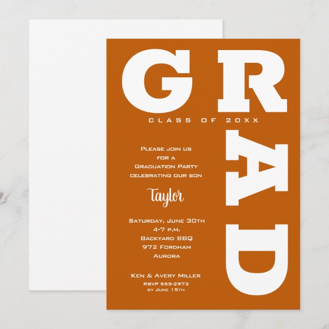 Invitation GRAD Burnt Orange Graduation (Devant / Derrière)