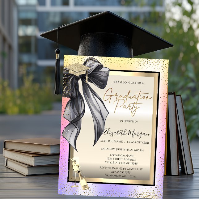 Invitation Grad Cap,Black Bow Wine Glass,Confetti Ombre  (Créateur téléchargé)