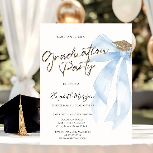 Invitation Grad Cap Blue Bow Your Photo Graduation  (Créateur téléchargé)