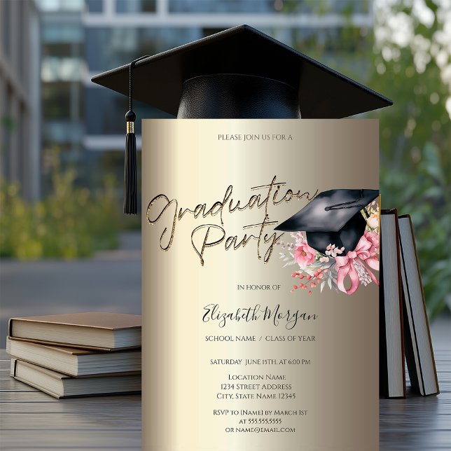 Invitation Grad Cap Flowers Bow Your Photo Gold Graduation (Créateur téléchargé)