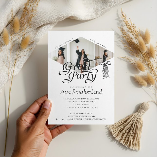 Invitation Grad Casquette Bow Tassel Photo Collage Graduation (Grad Cap Bow Tassel Photo Collage Graduation Party Invitation)