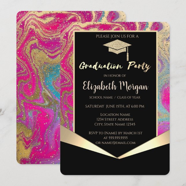Invitation Grad Casquette, Confetti Colorful Marble Graduatio (Devant / Derrière)