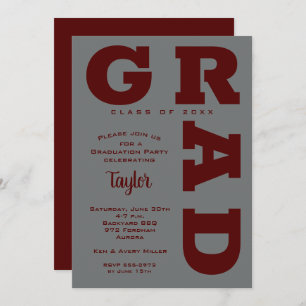 Invitation GRAD Dark Maroon sur Grey Graduation