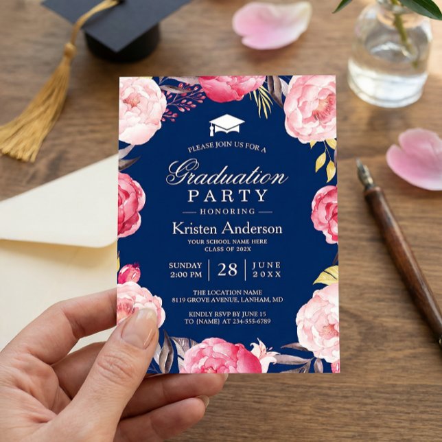 Invitation Grad Floral Wreath Navy Blue Graduation Party (Créateur téléchargé)