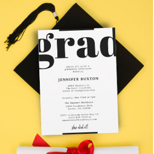 Invitation Grad Modern Check Black and White Graduation Party