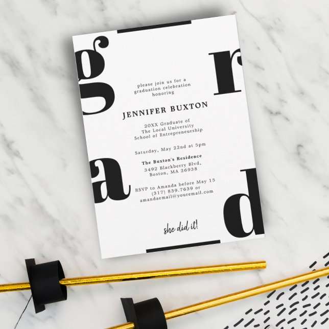 Invitation Grad Modern Chic Black and White Graduation Party (Créateur téléchargé)