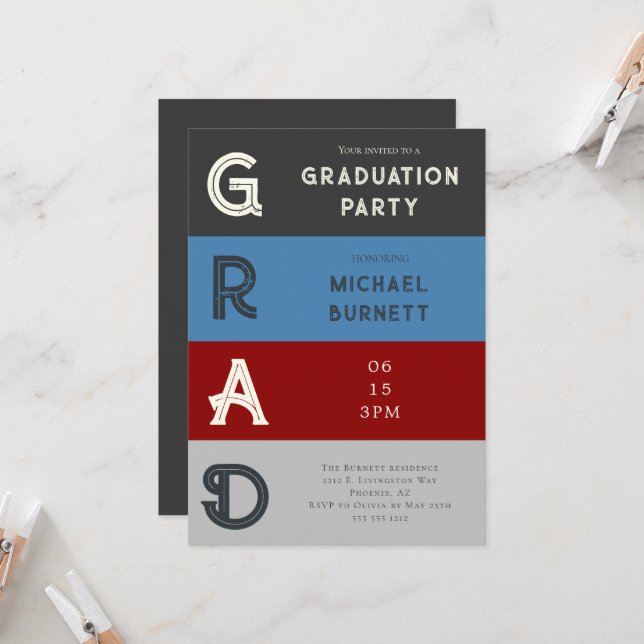 Invitation Grad moderne Gris rouge rayé Grad Grad Graduation (Devant/Arrière en situation)