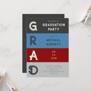 Invitation Grad moderne Gris rouge rayé Grad Grad Graduation