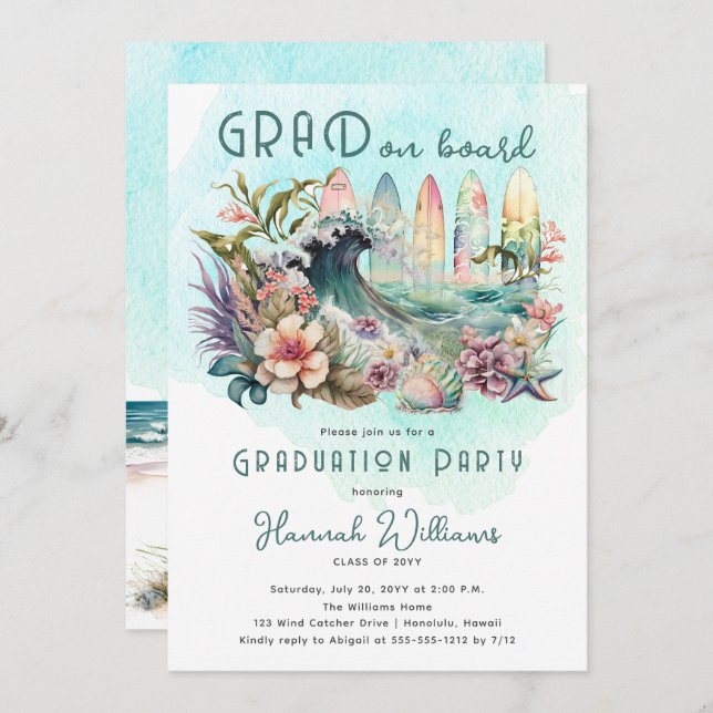 Invitation GRAD on Board Tropical Surfing Graduation Party (Devant / Derrière)