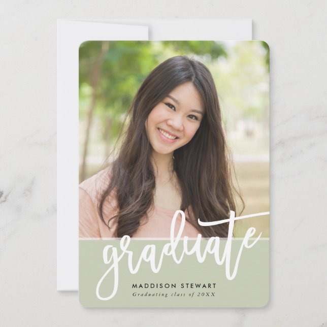 Invitation GRAD PARTY chic photo blanc calligraphie sage vert (Devant)