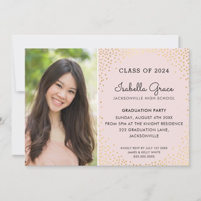 Invitation GRAD PARTY glam or confetti élégant photo rose (Devant)