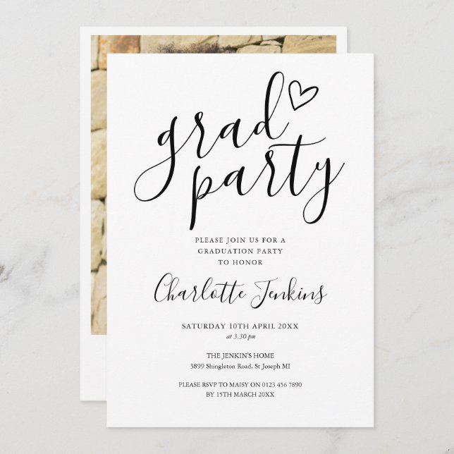 Invitation Grad Party Script Coeur Photo Graduation Party (Devant / Derrière)