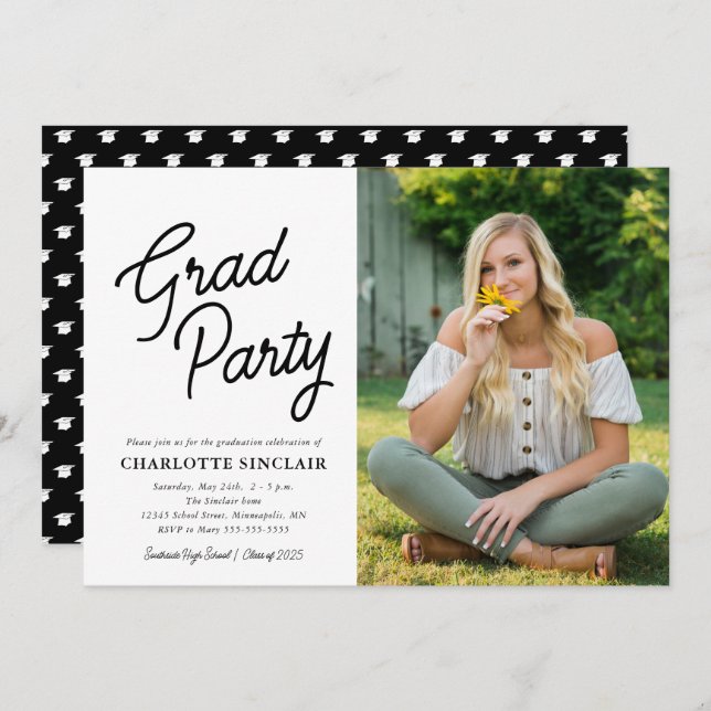 Invitation Grad Party Script photo Graduation (Devant / Derrière)
