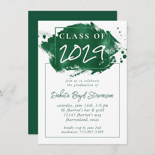 Invitation Grad peint | Green Splatter Brushstroke Party (Devant / Derrière)