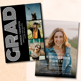 Invitation Grad Photo Collage Black Gold Graduation
