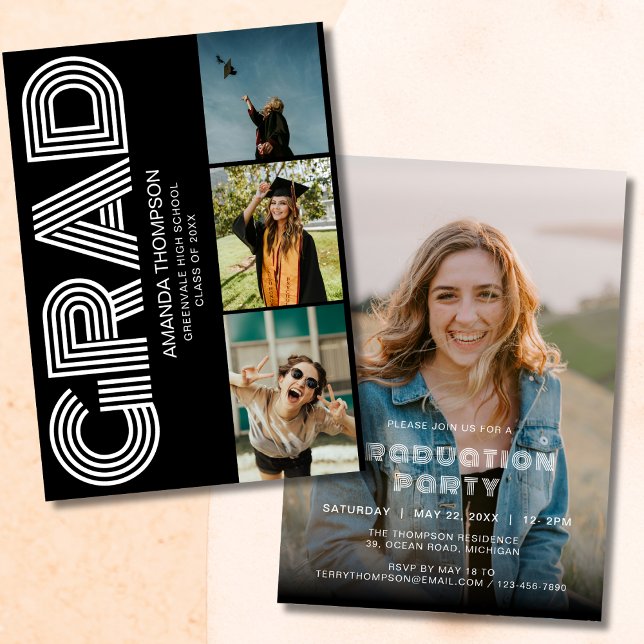 Invitation Grad Photo Collage Black Gold Graduation (Créateur téléchargé)
