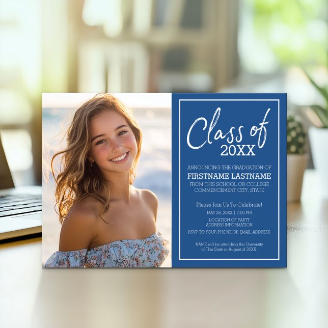 Invitation Grad Trendy Graduy Photo Annonce - Blue Party (Modern Graduation Announcement and Party Invitation)