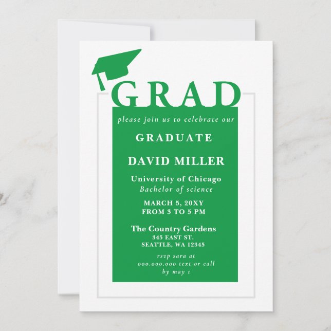 Invitation Grad Vert Moderne Minimaliste Graduation (Devant)