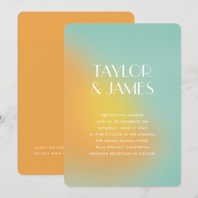 Invitation Gradient Orange Turquoise QR Code Modern Wedding (Devant / Derrière)