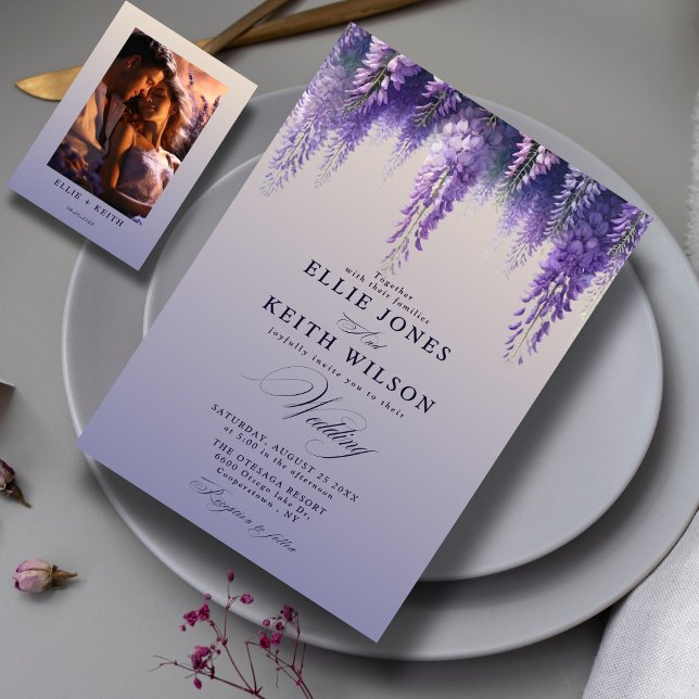 Invitation Gradient Whimsical violet Mariage photo floral (Créateur téléchargé)