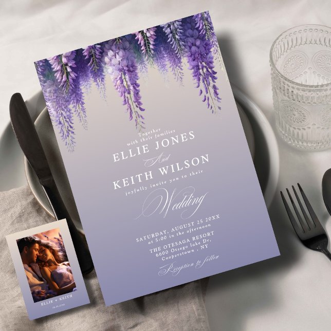 Invitation Gradient Whimsical violet Mariage photo floral (Créateur téléchargé)