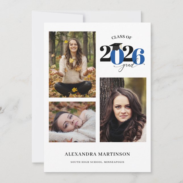 Invitation Graduate 3 Photos Collage Blue Class of 2023 (Devant)