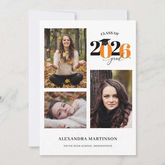 Invitation Graduate 3 Photos Collage Orange Class of 2023 (Devant)