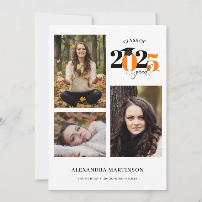Invitation Graduate 3 Photos Collage Orange Class of 2023 (Devant)