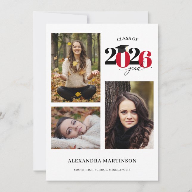 Invitation Graduate 3 Photos Collage Red Class of 2023 (Devant)