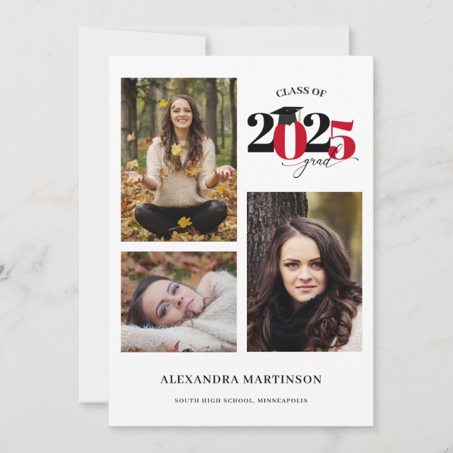 Invitation Graduate 3 Photos Collage Red Class of 2023 (Devant)