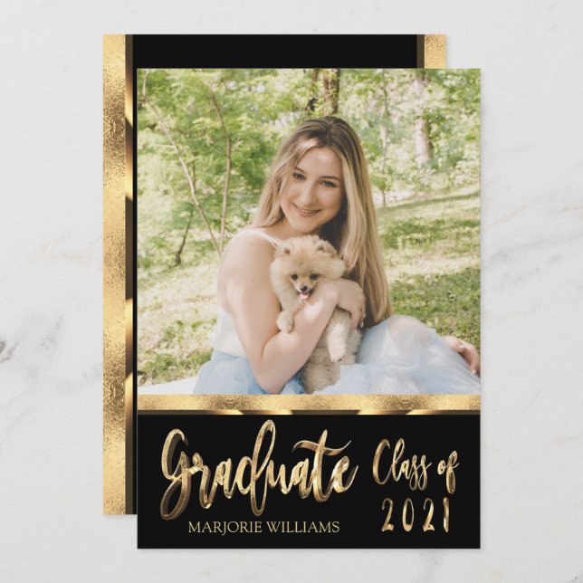 Invitation Graduate Class of 2021 Black and Gold Script (Devant / Derrière)