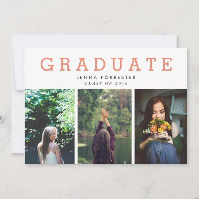 Invitation Graduate Cute Script Trois Photos Coral (Devant)