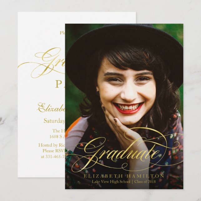 Invitation Graduate Foil Gold Classy Script Grad Party Photo (Devant / Derrière)