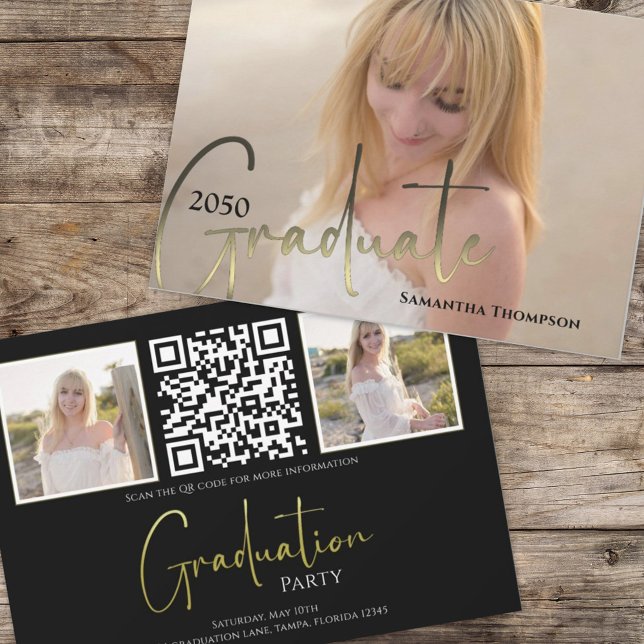 Invitation Graduate Gold Noir Calligraphie Photo QR Code (Graduation photo collage graduate typography invitation announcement. )