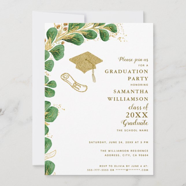 Invitation Graduate Party Elégant Faux Gold Floral Graduation (Devant)