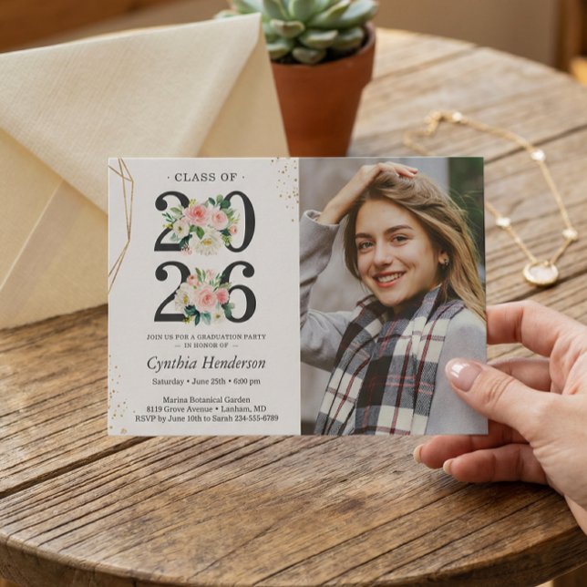 Invitation Graduate Photo Blush Rose Floral Graduate (Créateur téléchargé)