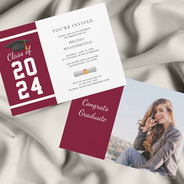 Invitation Graduate Photo Burgundy 2024 Graduation Party (Burgundy Graduation Photo Party Invitation)