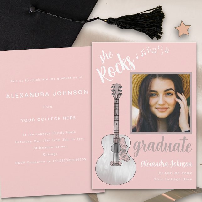 Invitation Graduate Photo Pink Country Music Graduation Party (Pink guitar country music graduation party invitation with graduate photo template modern script )