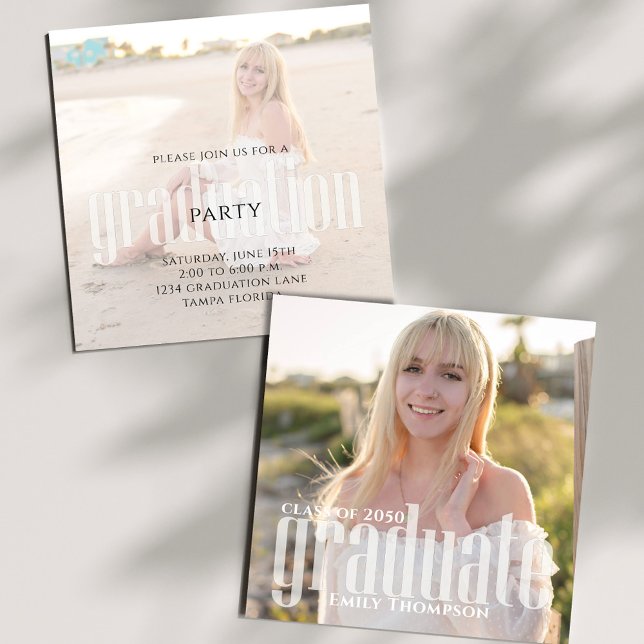 Invitation Graduate Simple Modern Two Photo (Modern photo graduation announcement card with beach portrait and minimalist typography design.)
