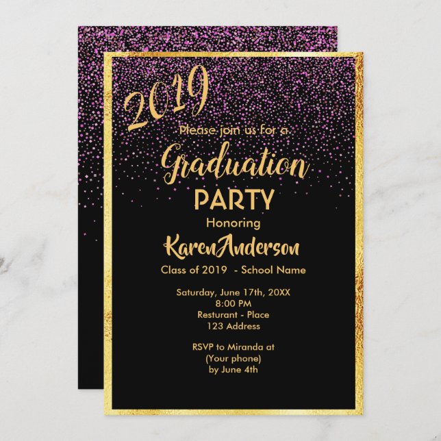 Invitation Graduation 2019 parti chic noir confetti or (Devant / Derrière)