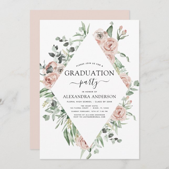 Invitation Graduation 2022 Dusty rose floral verdure (Devant / Derrière)