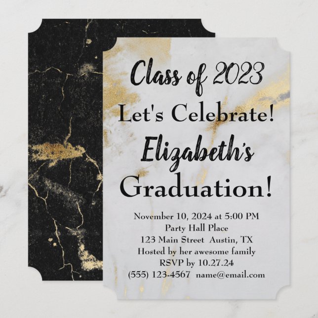 Invitation Graduation 2023 Marbre gris or avec texte noir (Devant / Derrière)