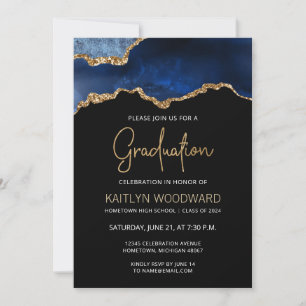 Invitation Graduation 2023 Photo Blue Agate Gold Parties scin