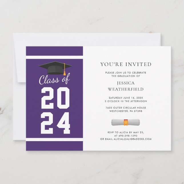 Invitation Graduation 2024 Graduate Photo Purple White Party (Devant)