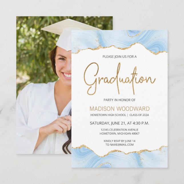 Invitation Graduation 2024 Photo Pastel Blue Agate (Devant / Derrière)