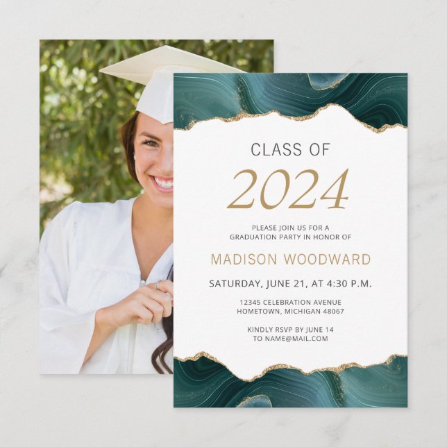 Invitation Graduation 2024 Photo Turquoise Gold Agate (Devant / Derrière)