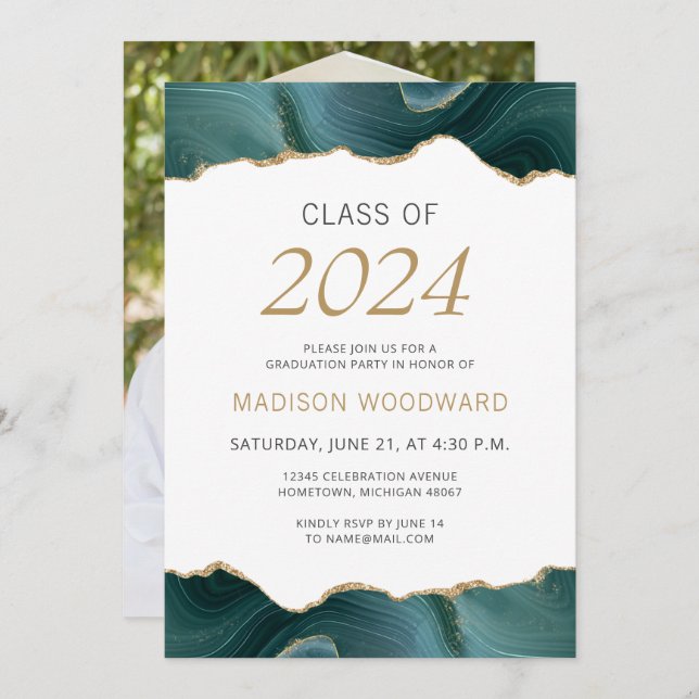 Invitation Graduation 2024 Photo Turquoise Gold Agate (Devant / Derrière)
