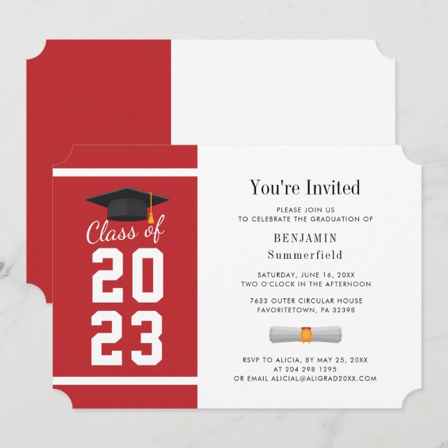 Invitation Graduation 2024 Typographie Rouge Blanc Grad Party (Devant / Derrière)